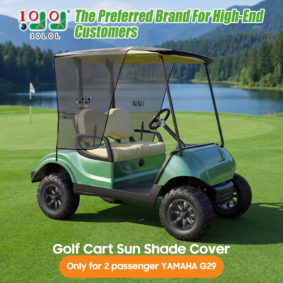 10L0L Yamaha G29 Drive2 shade on cart shields riders from harsh sun.