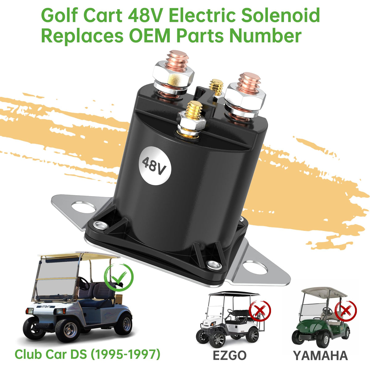 Zinc-plated steel case protects the solenoid in rugged cart use