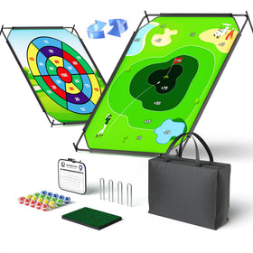 1GoTo-G Battle Golf chipping mat setup for family-friendly practice with sticky balls