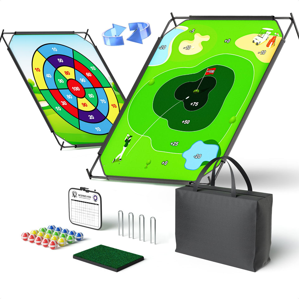 1GoTo-G Battle Golf chipping mat setup for family-friendly practice with sticky balls