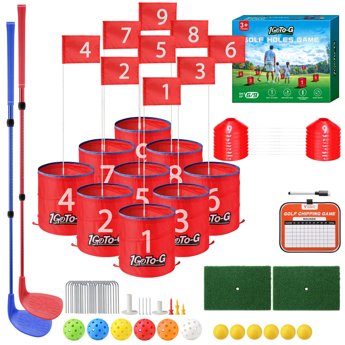 1GoTo-G Golf Bucket Game 9-hole course setup for backyard fun