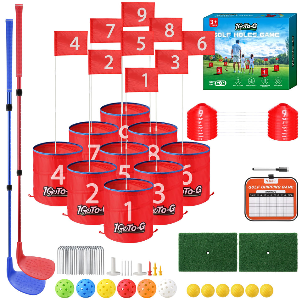 1GoTo-G Golf Bucket Game 9-hole course setup for backyard fun