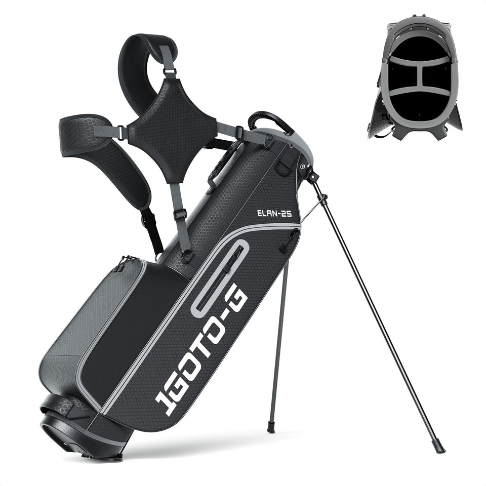 1GoTo-G Junior Golf Stand Bag front view showing organized compartments for easy access.