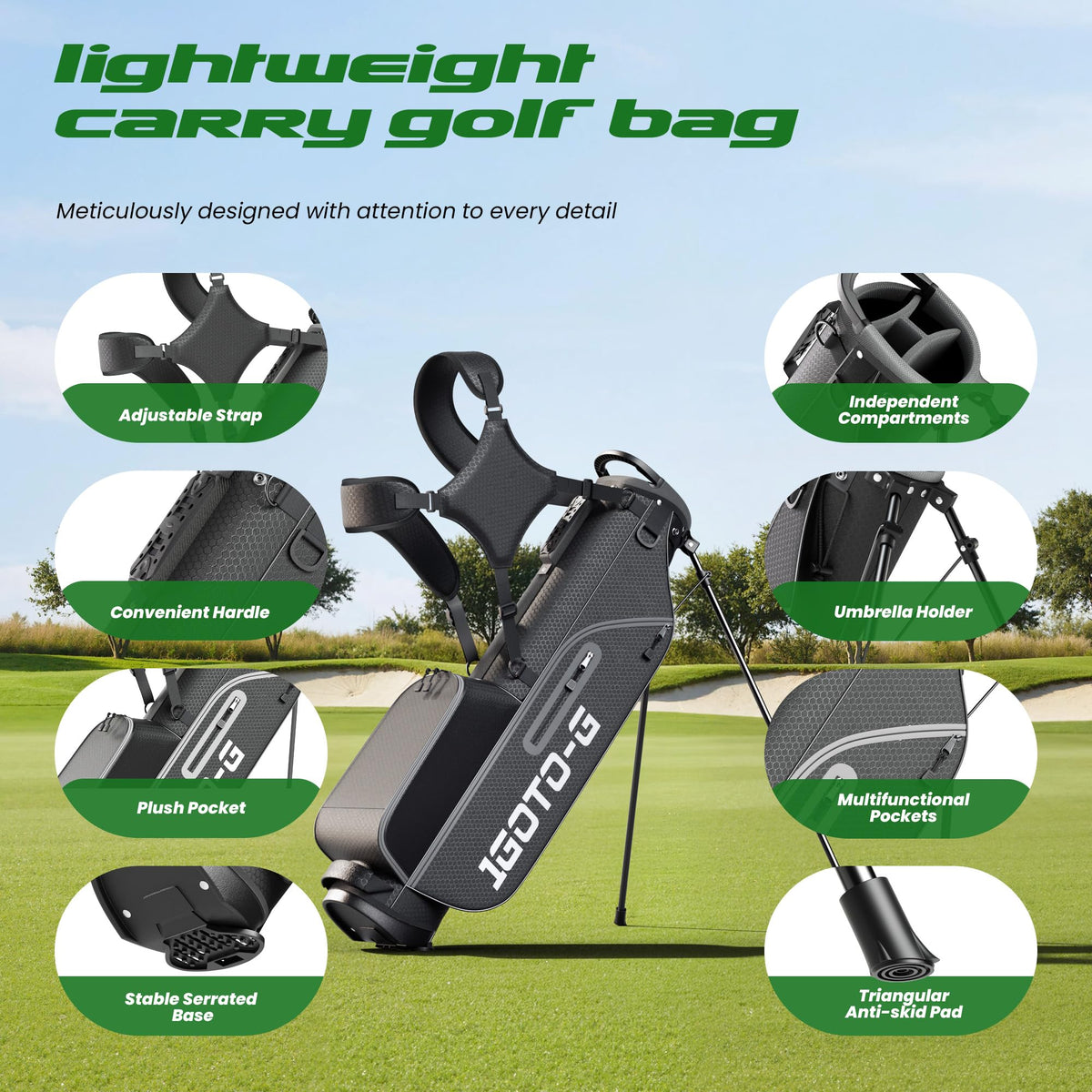 1GoTo-G Junior Golf Stand Bag features large side pockets and a water bottle pouch.