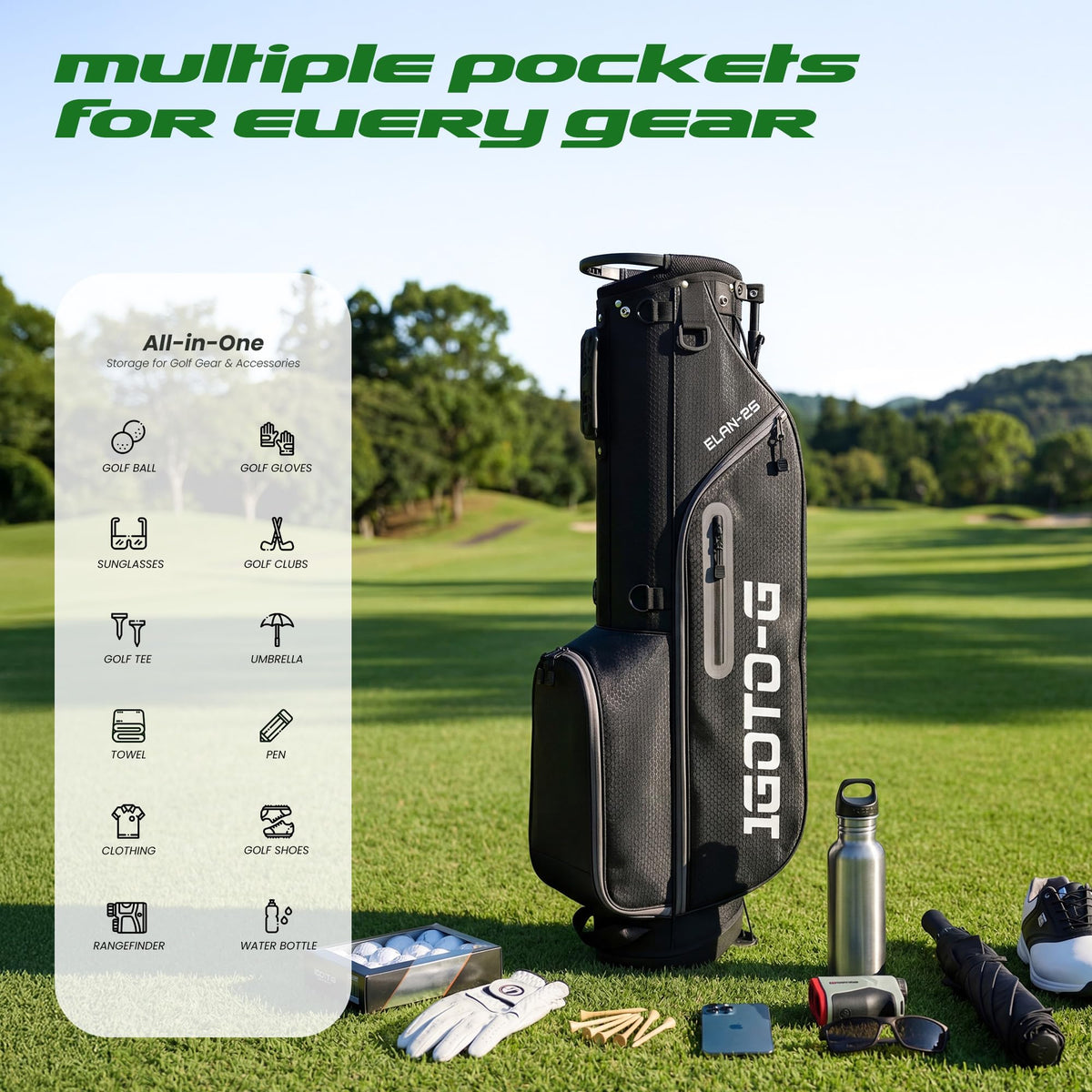 1GoTo-G Junior Golf Stand Bag with four zip pockets and soft-lined valuables pocket.