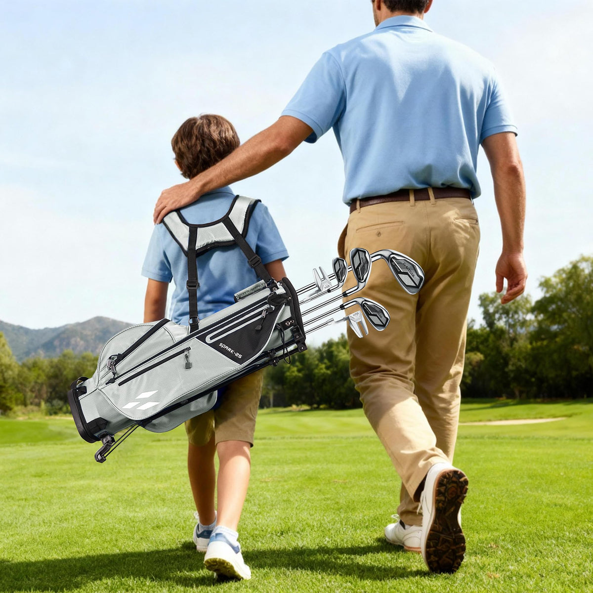 1GoTo-G junior golf stand bag backyard use showing easy access to clubs.