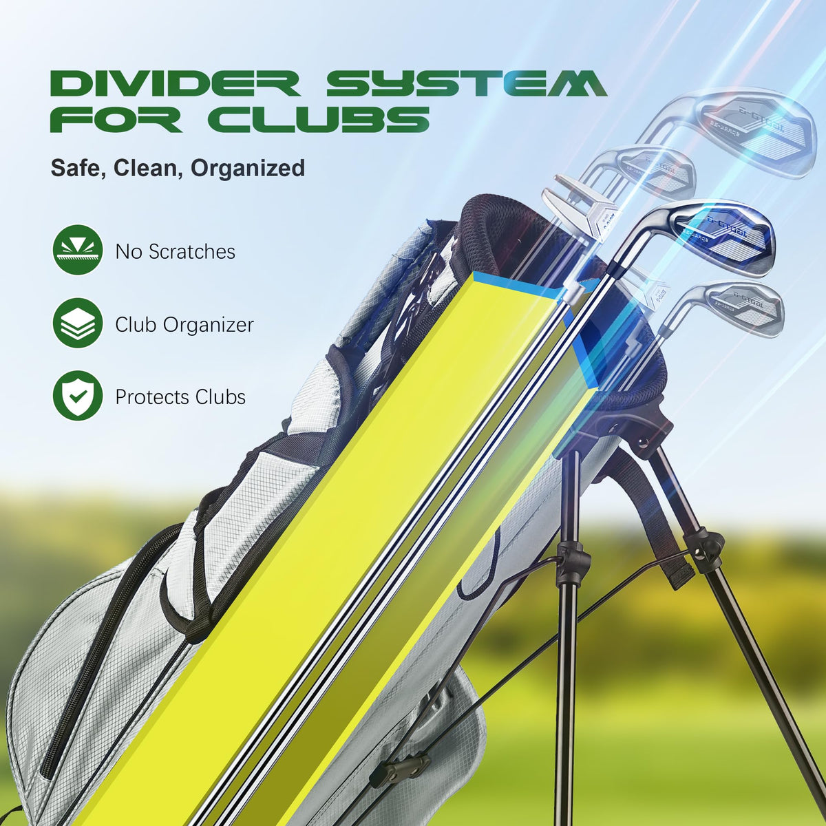 1GoTo-G junior golf stand bag sturdy base for stable setup on turf.