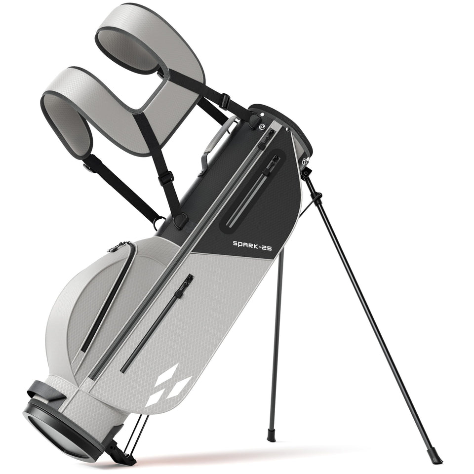 1GoTo-G junior golf stand bag front view showing organized clubs for quick access.