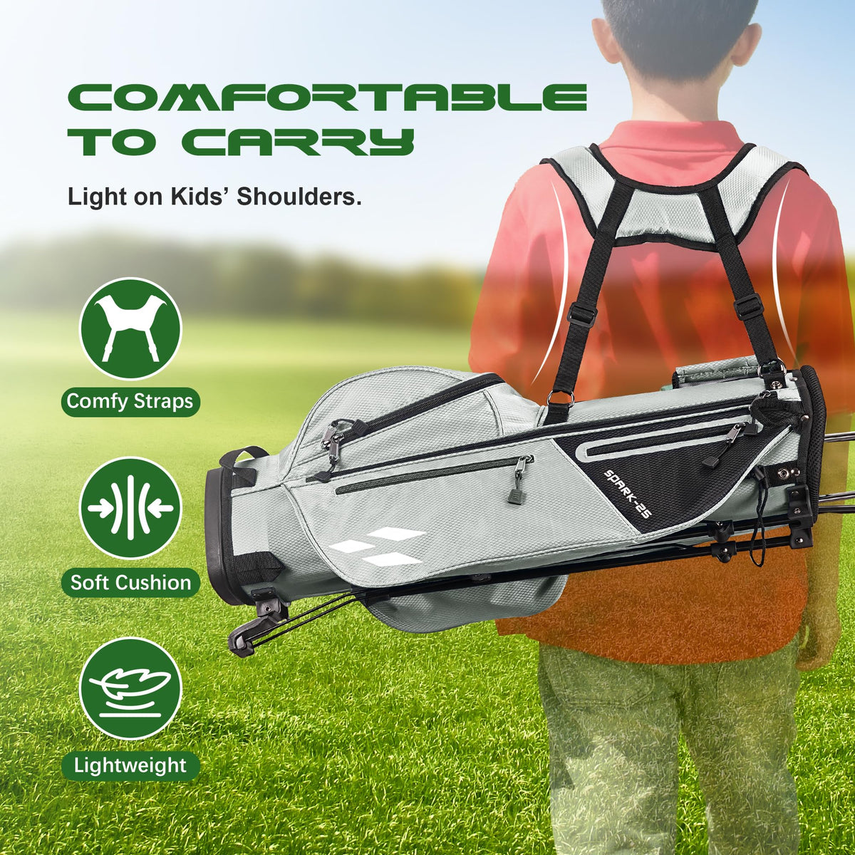 1GoTo-G junior golf stand bag pockets close-up demonstrating ample storage.