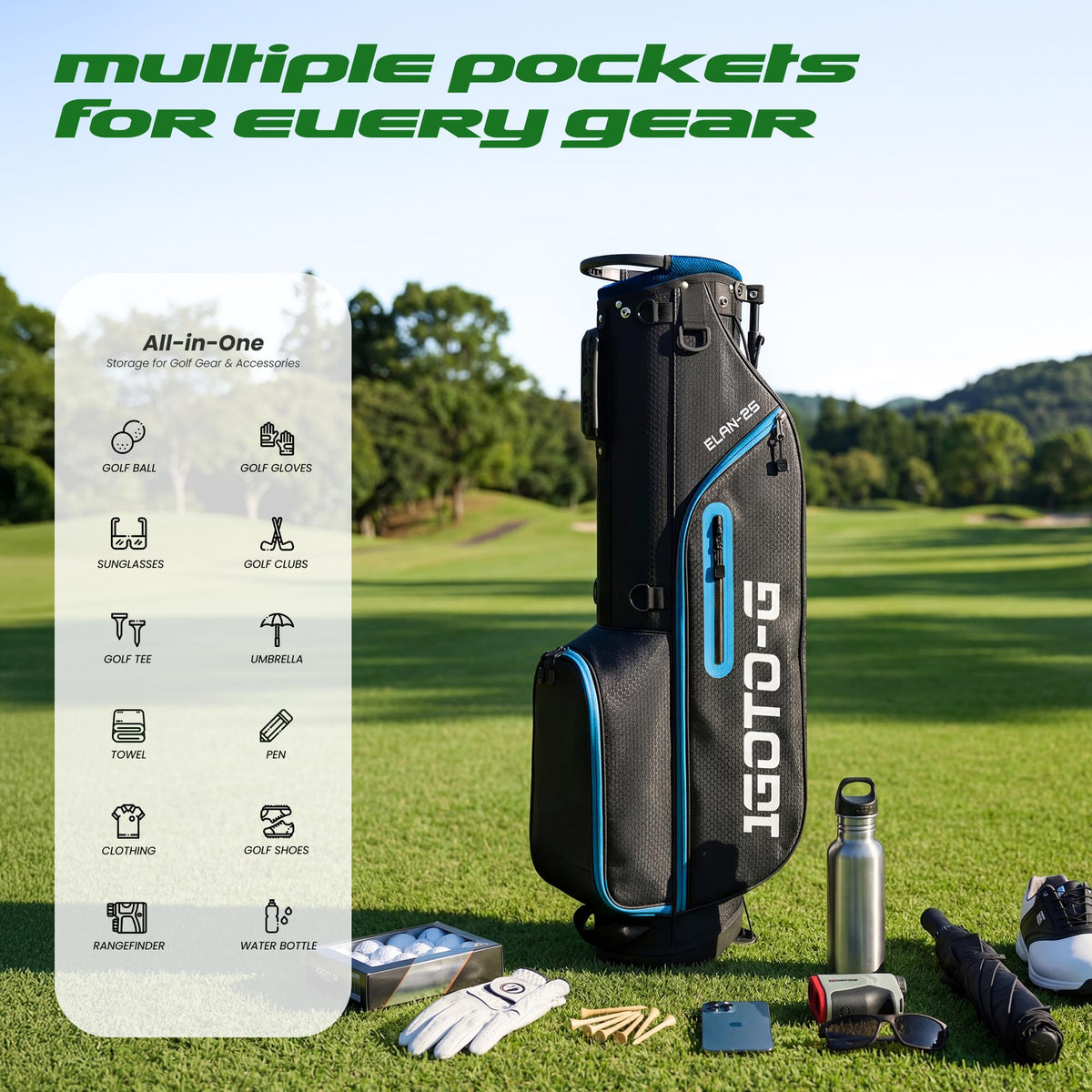 1GoTo-G junior golf stand bag soft-lined valuables pocket for secure items