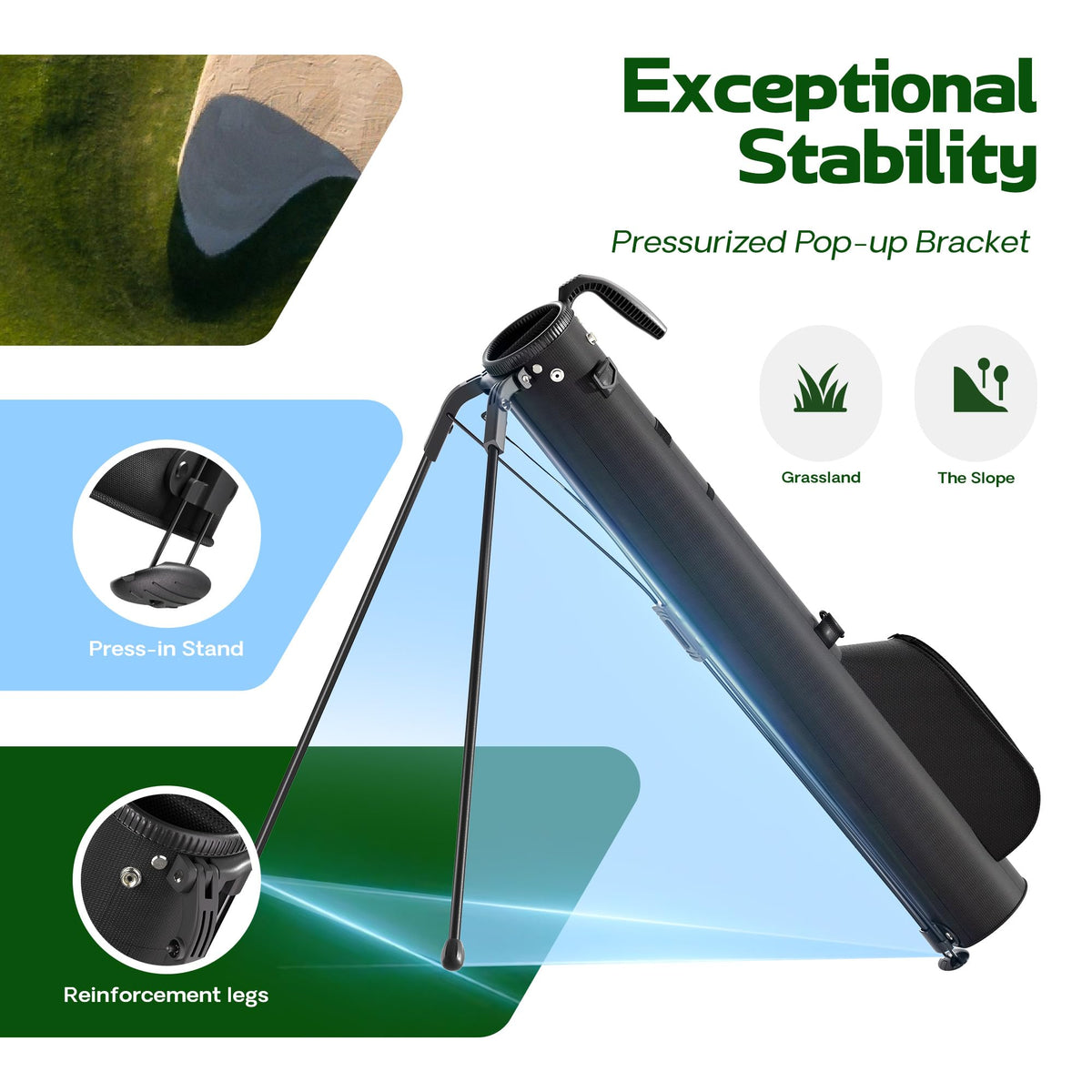 1GoTo-G stand deployed showing stable support on various surfaces