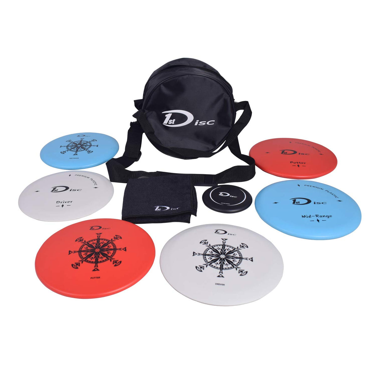 1st Disc disc golf set with blue carry bag on green for beginners and practice