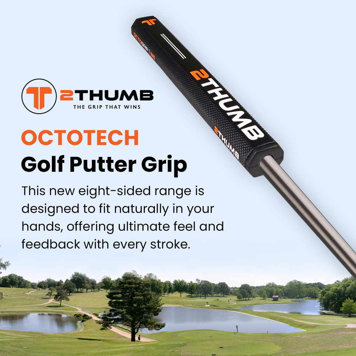 2 Thumb Octotech 36 putter grip black, side profile shows non-tapered design to reduce wrist tension.