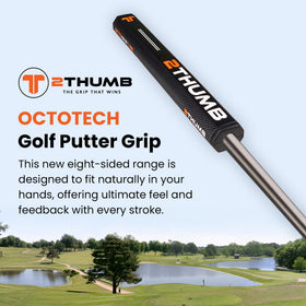 2 Thumb Octotech 36 putter grip black, side profile shows non-tapered design to reduce wrist tension.