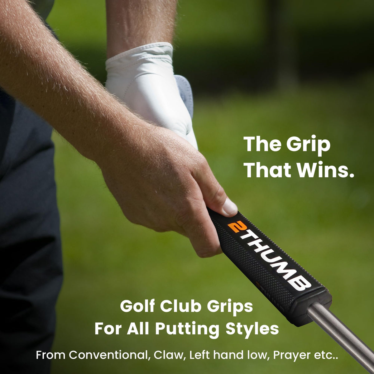 2 Thumb Octotech 36 putter grip black, wrapped texture enhances traction during strokes.