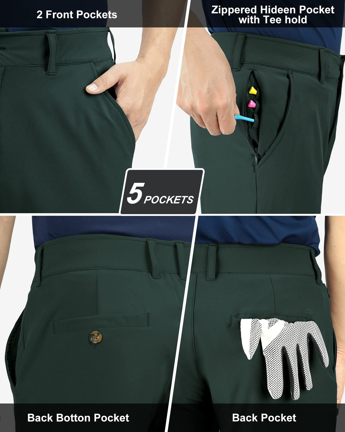33000ft men's golf pants active waistband demonstrating flexible fit during swings