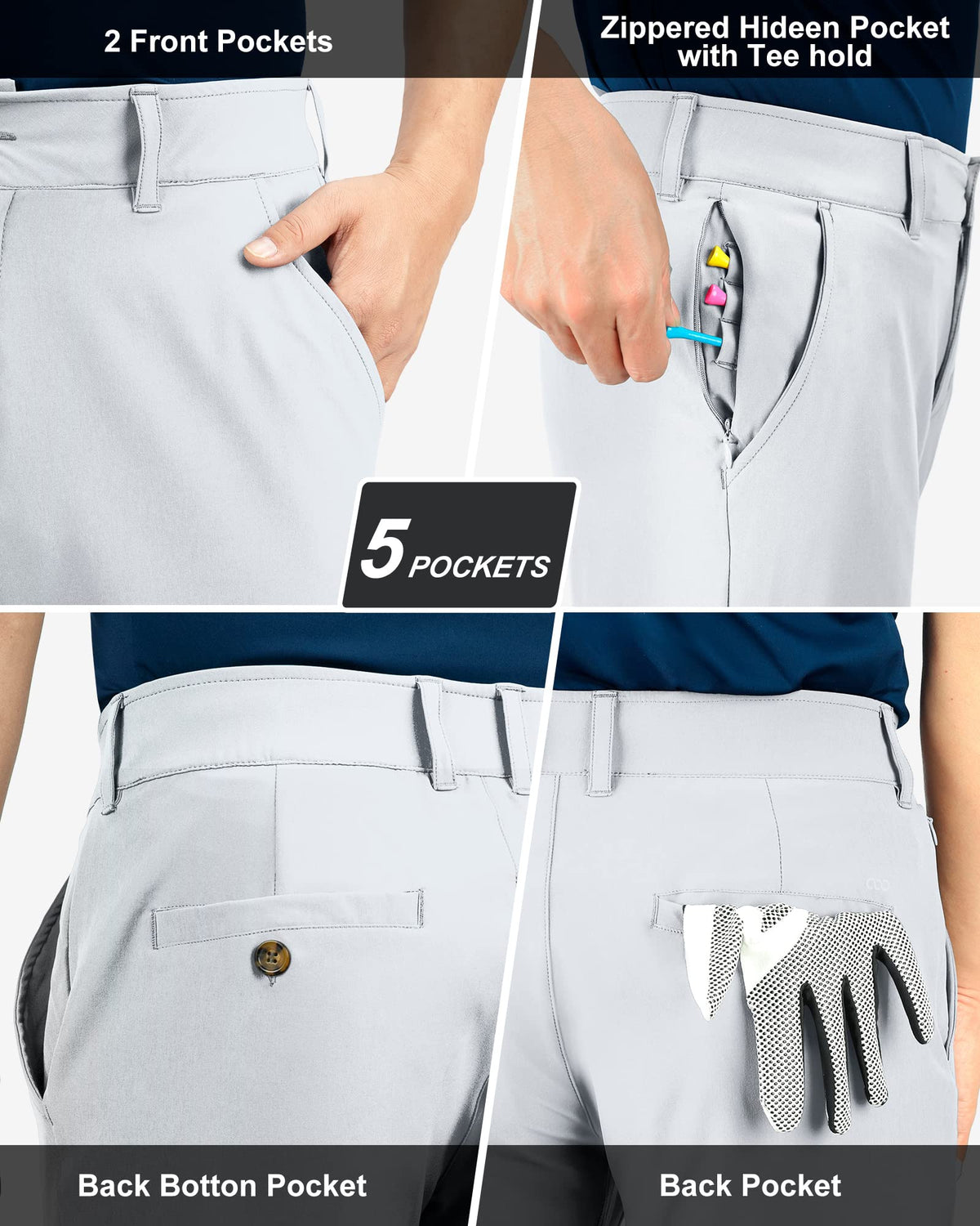 33,000ft pants active waistband keeps shirts tucked during swings.