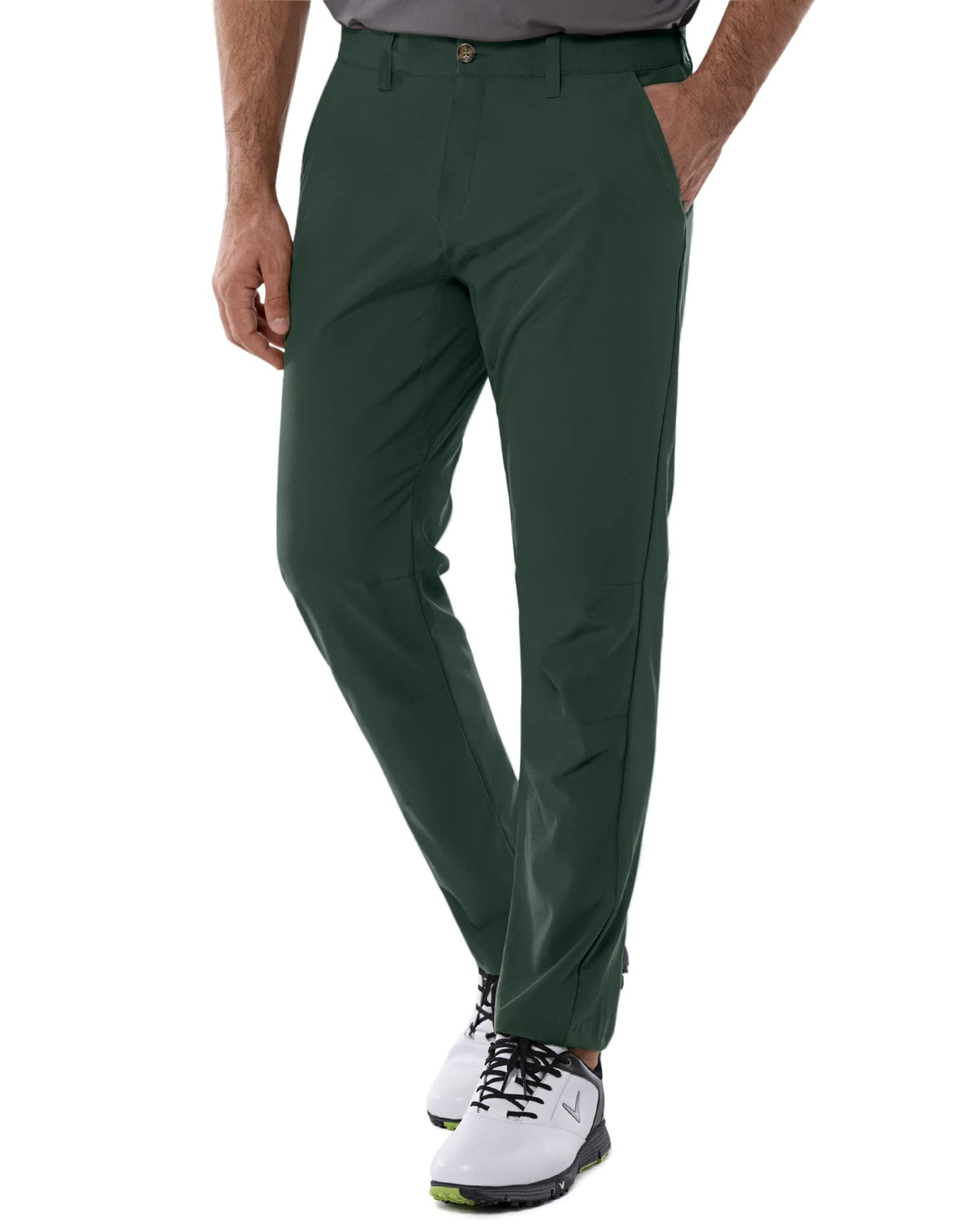 33000ft men's golf pants front view in dark green, showcasing sleek cut and fabric texture for performance