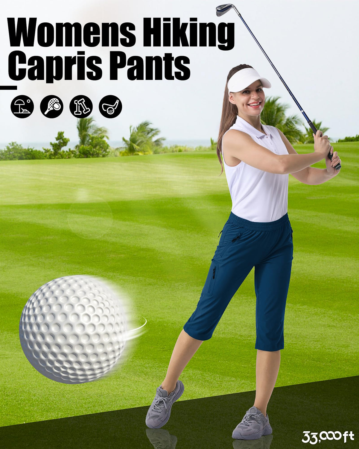33,000ft outdoor model wearing capri pants for hiking and golf.