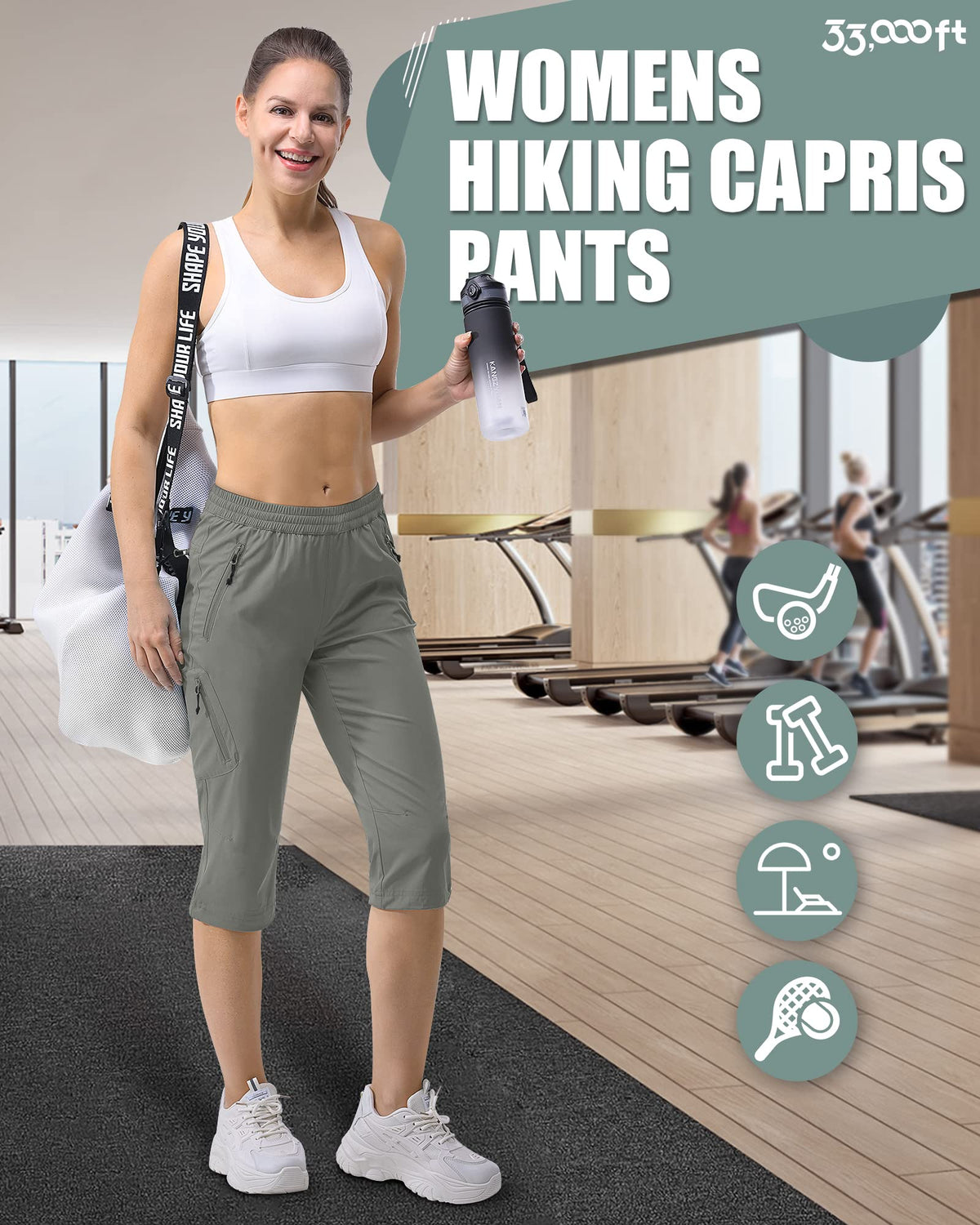 33000ft women's Capri golf pants zipper pockets for secure storage during activity.