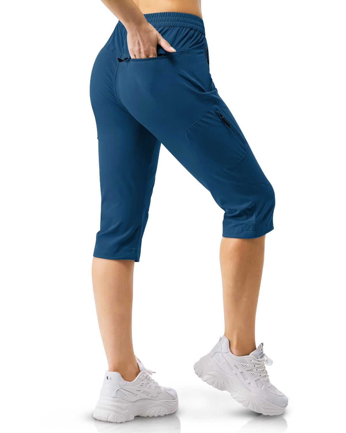 33,000ft capri fabric close-up shows 4-way stretch for comfortable movement.
