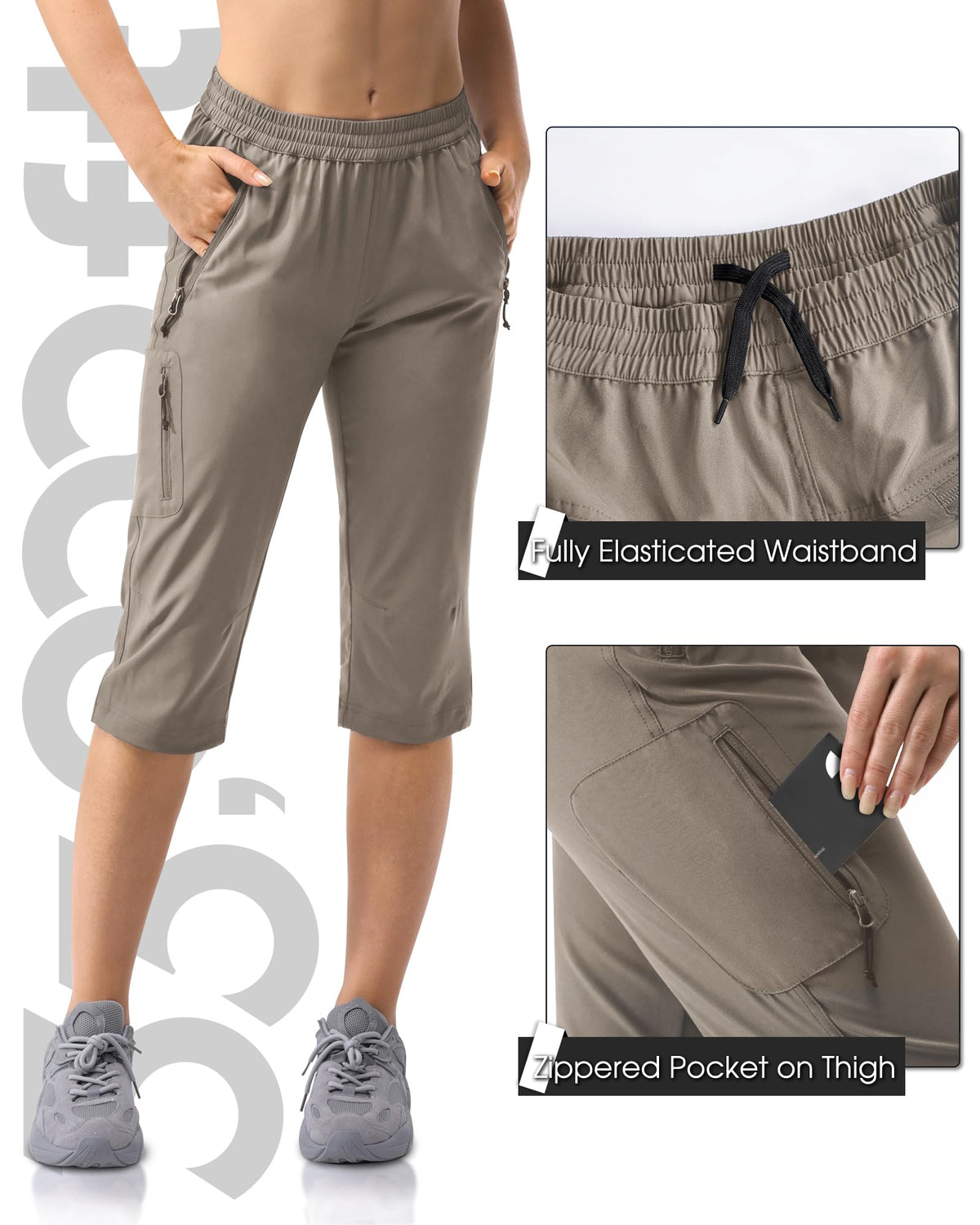 Side view showing four zipper pockets on 33,000ft capri pants.
