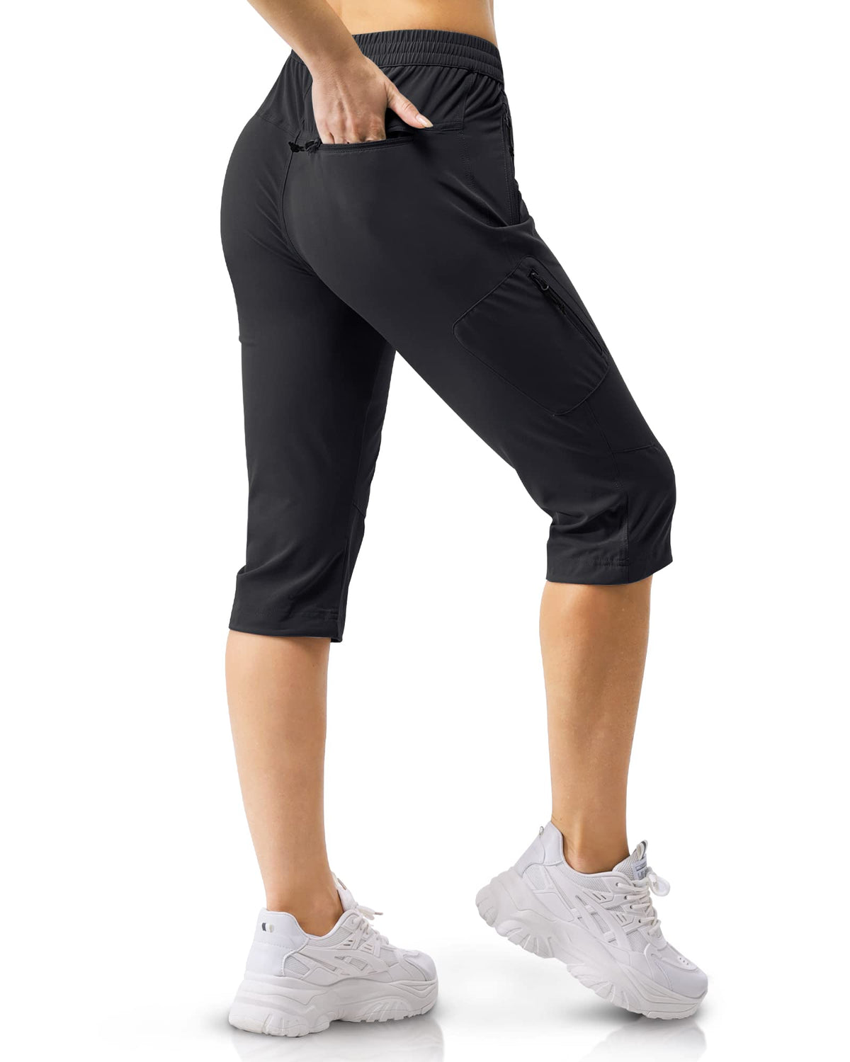 33000ft capri pants highlight breathable, quick-dry fabric for active outdoor workouts.