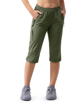 33000ft women's golf capri pants front view with zippered pockets and breathable stretch.