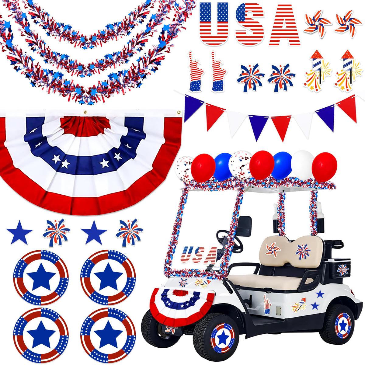 80UncleKimby 34pcs golf cart decoration kit with red, white and blue accents for festive parades