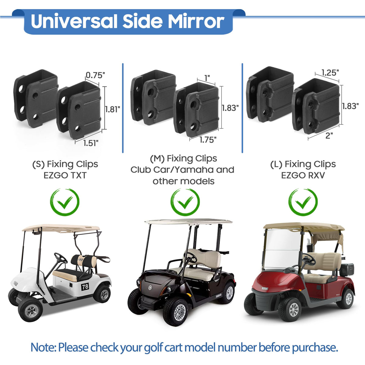 Durable PP and ABS mirror construction resists impact on golf carts