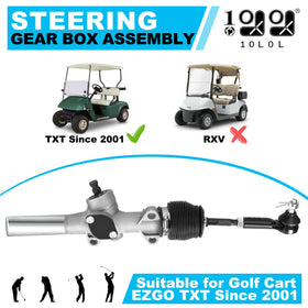 Package content shows a single steering gear box assembly for EZGO TXT.
