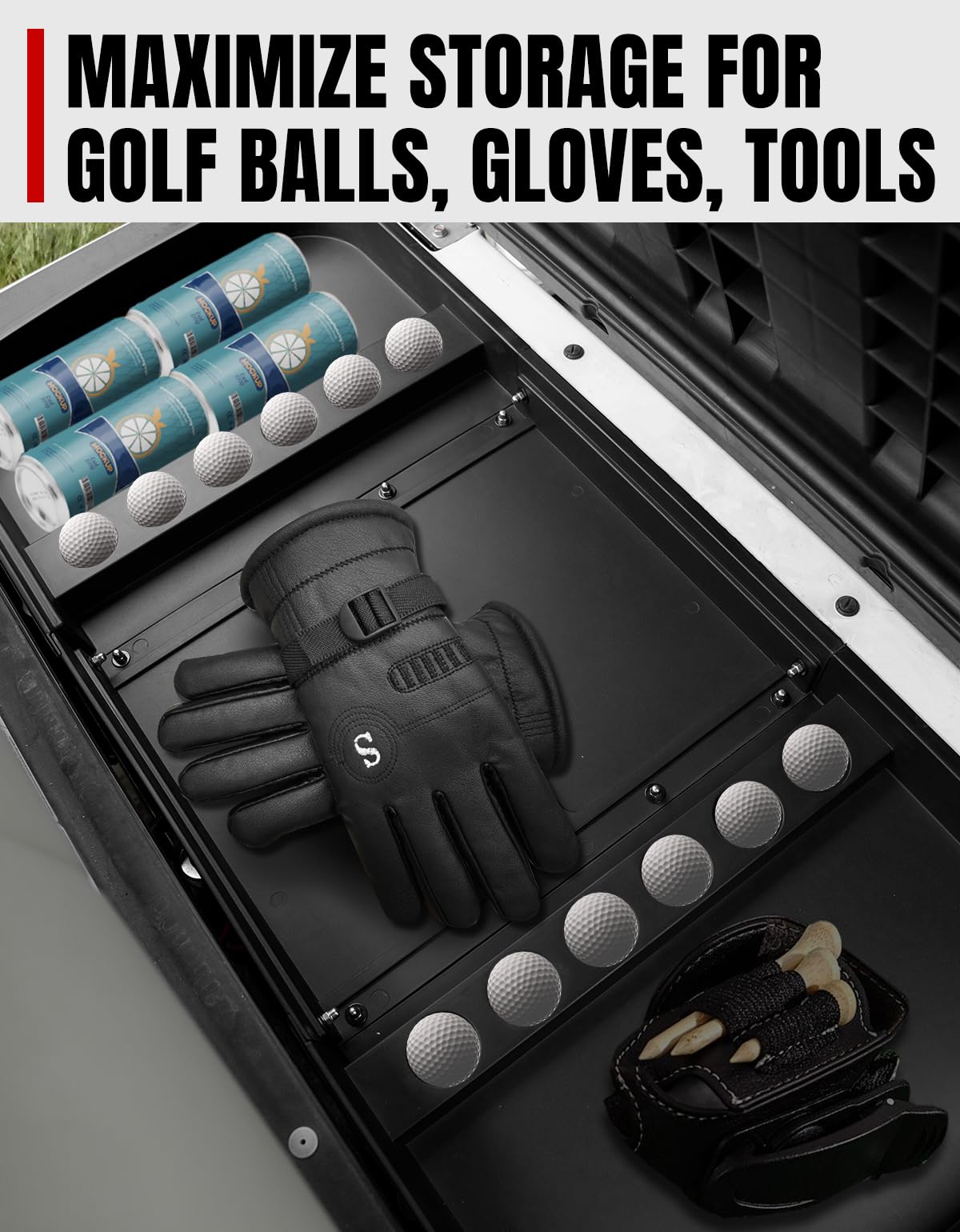 A & UTV PRO multi-compartment cargo tray maximizes space under the seat for golf essentials.