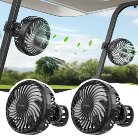 A2C 2-pack rechargeable golf cart fans clipped onto a cart for cooling