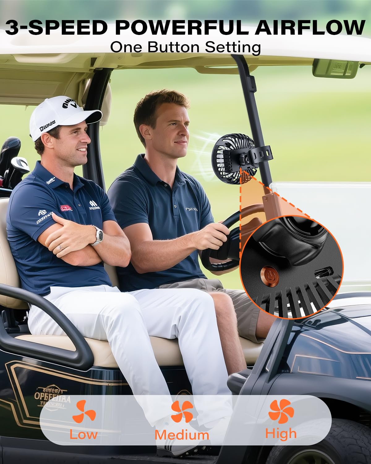A2C battery-operated golf cart fan mounted on EZGO cart delivering focused breeze