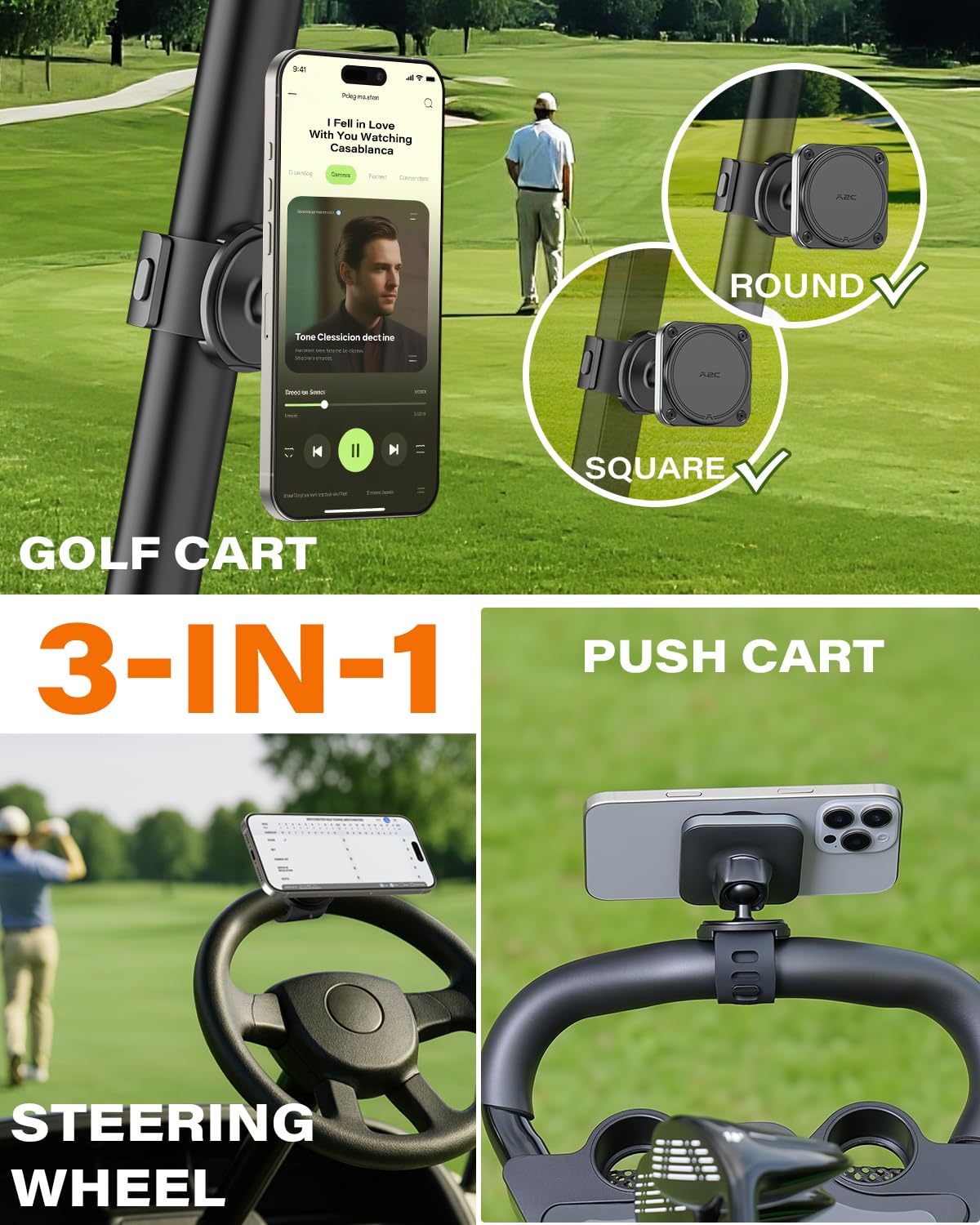A2C 3-in-1 mount on push cart handle for easy phone access.