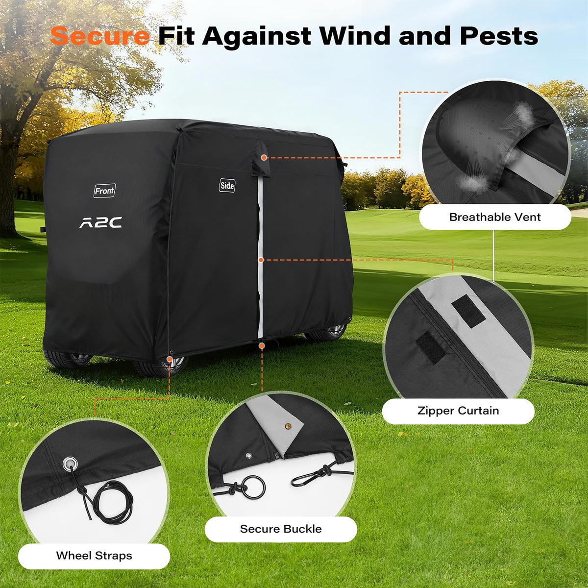 A2C golf cart cover back view highlights reflective strips for night visibility