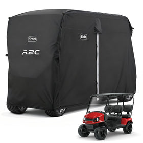 A2C golf cart cover front view highlights 600D fabric shielding rain and UV