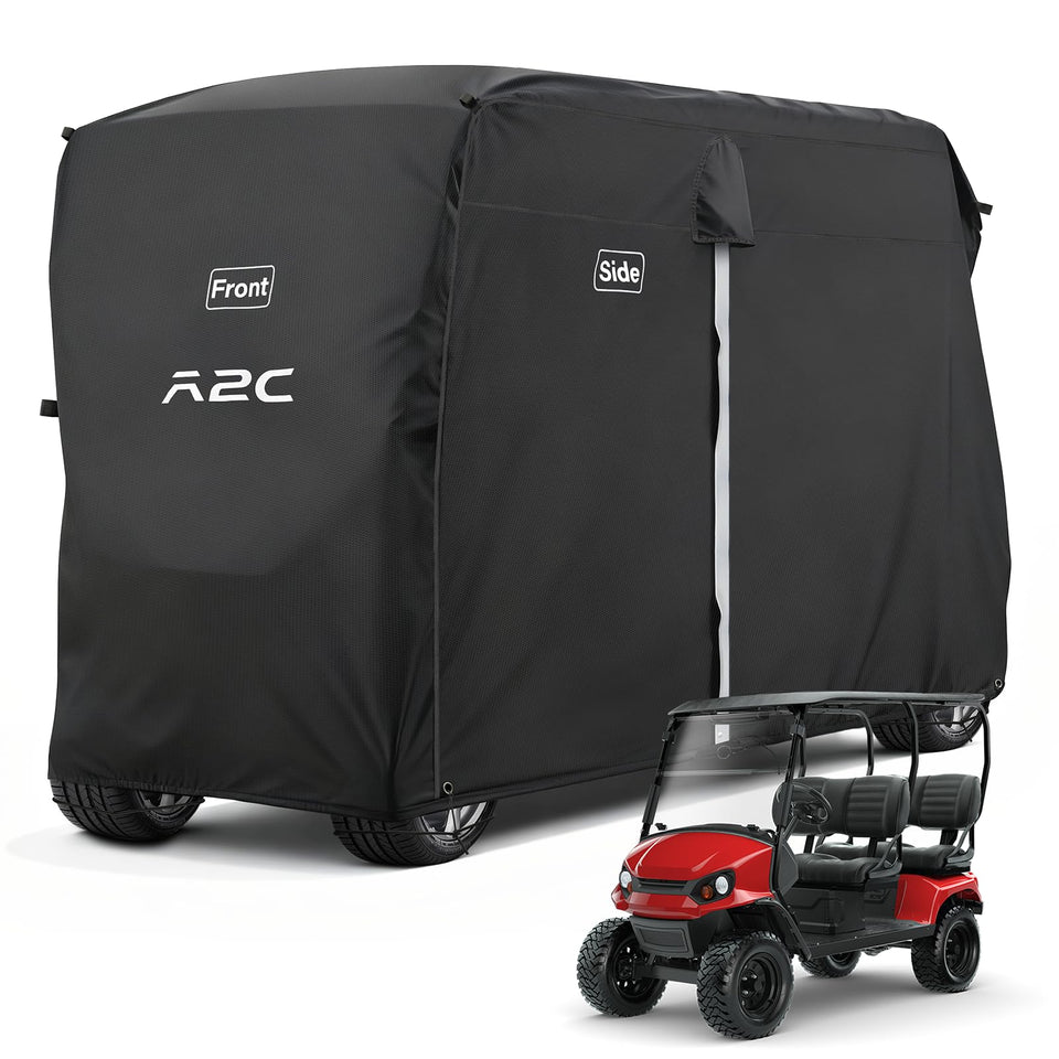 A2C golf cart cover front view highlights 600D fabric shielding rain and UV