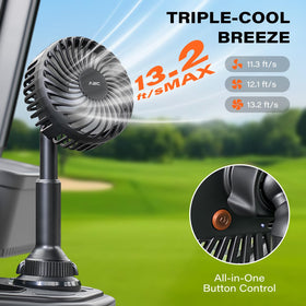 A2C golf cart fan with three speeds provides customizable cooling.