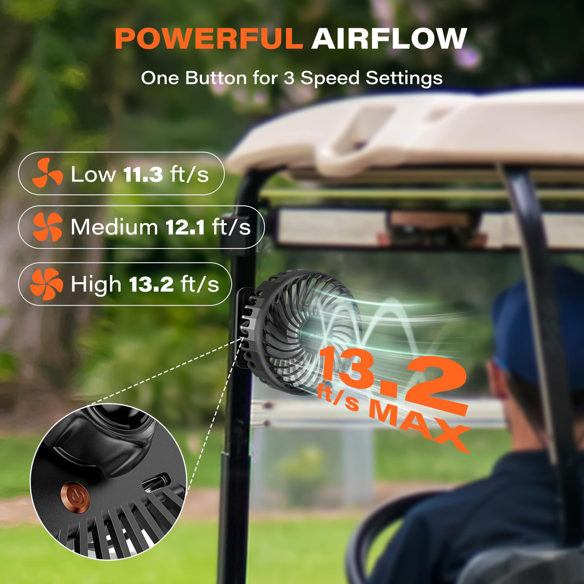 A2C golf cart fan delivers up to 6 hours of cordless cooling
