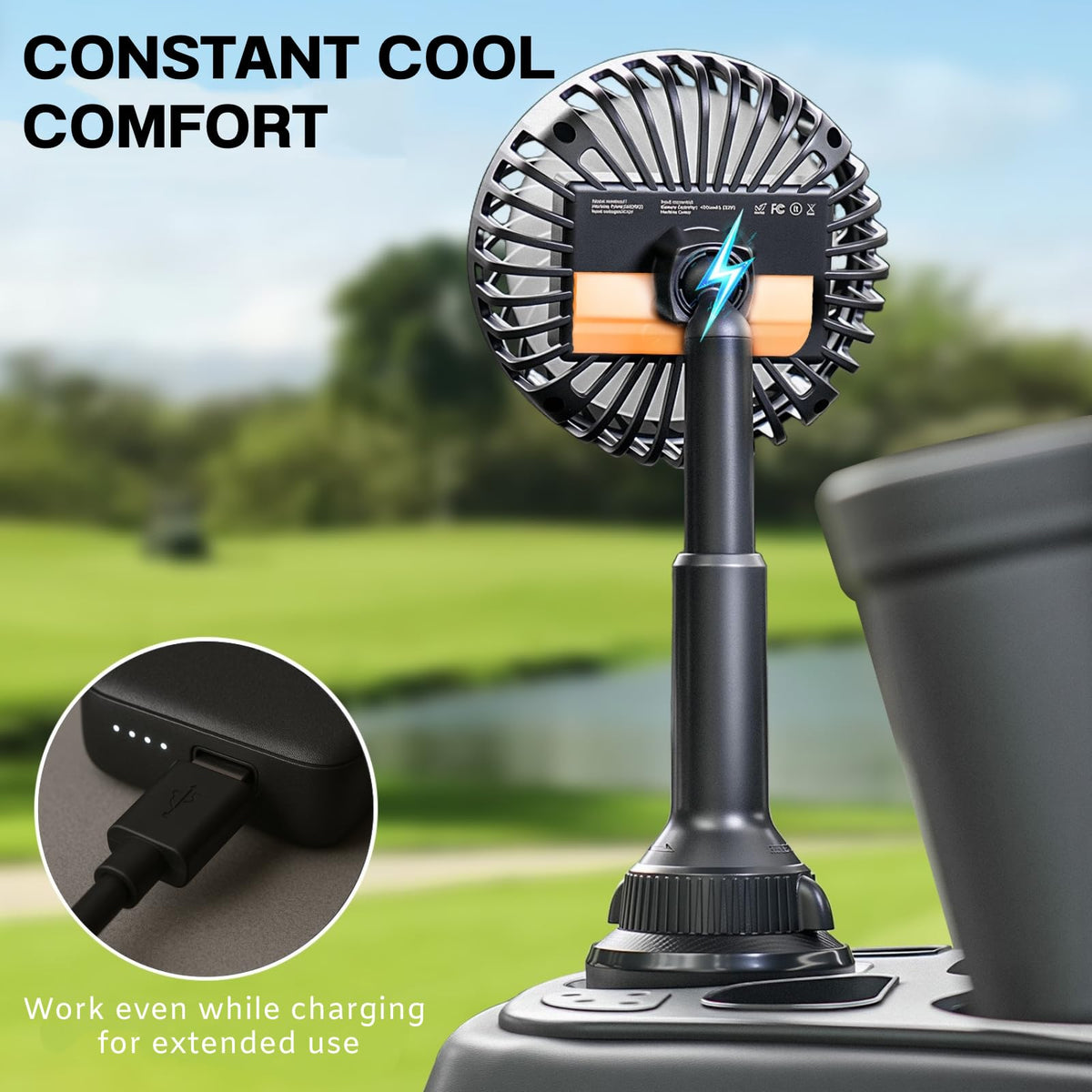 A2C golf cart fan fits EZGO, Club Car, Yamaha cup holders securely.