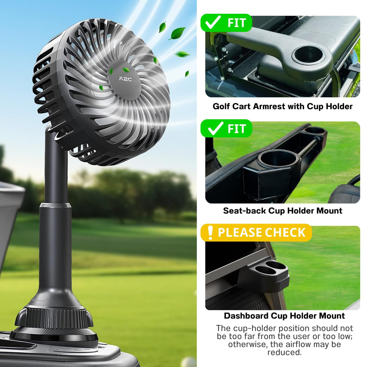 A2C golf cart fan 4000mAh battery lasts up to six hours.