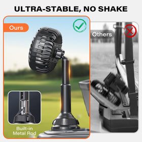 Telescoping neck extended on the A2C golf cart fan for flexible placement.