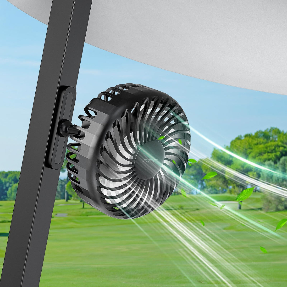 A2C golf cart fan with magnetic base attached to metal frame for stable cooling