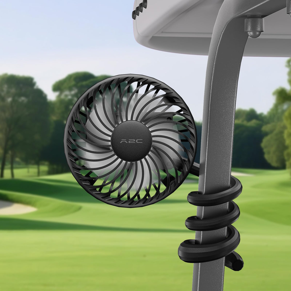 A2C golf cart fan with three-speed operation for all-day cooling on the course.