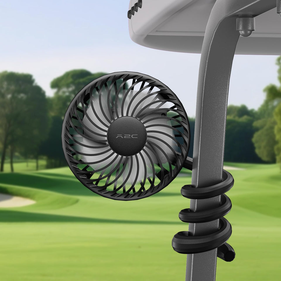 A2C golf cart fan with three-speed operation for all-day cooling on the course.