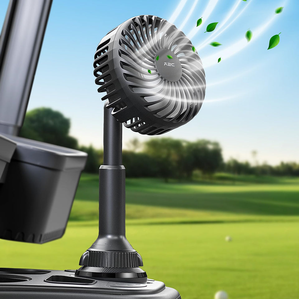 A2C golf cart fan mounted in cup holder for wireless cooling on sunny days.
