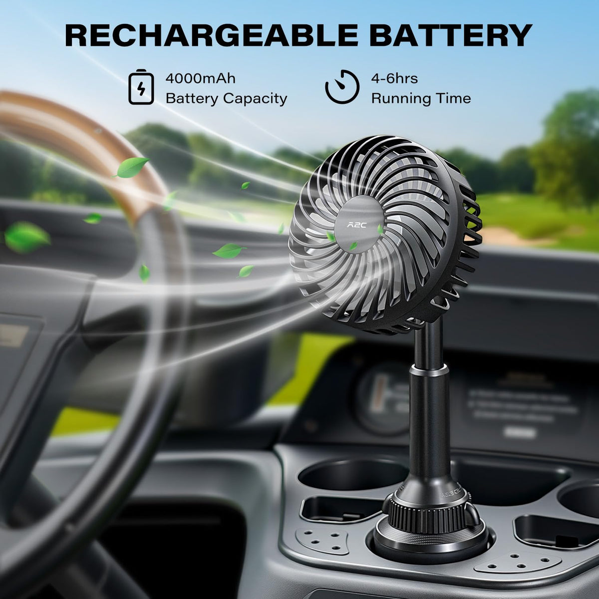 360-degree head on the A2C golf cart fan for flexible airflow direction.