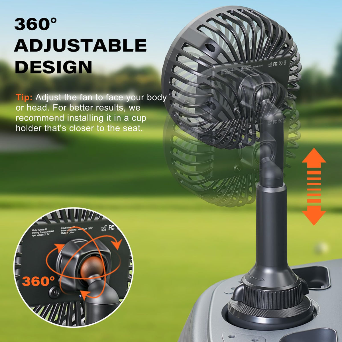 Brushless motor on the A2C golf cart fan delivering strong airflow.