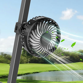 A2C golf cart fan clipped on a cart rail for easy mounting on the course